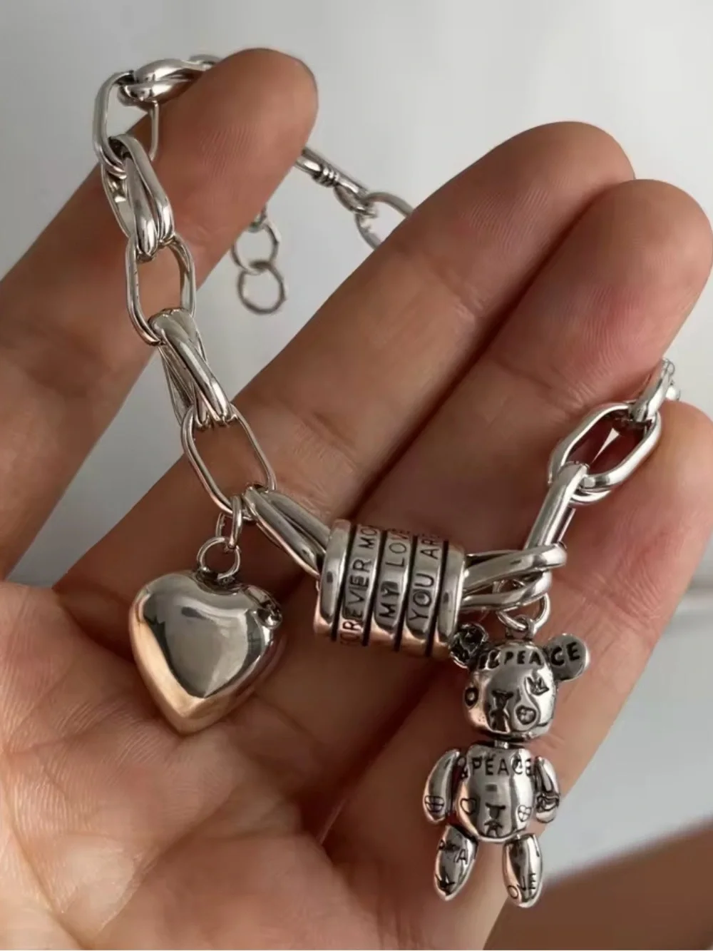 925 Sterling Silver Heart & Teddy Charm Bracelet - Picture 2 of 2